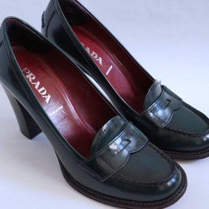 Prada Stack Heel Penny Loafer Dark Forest Green 36
